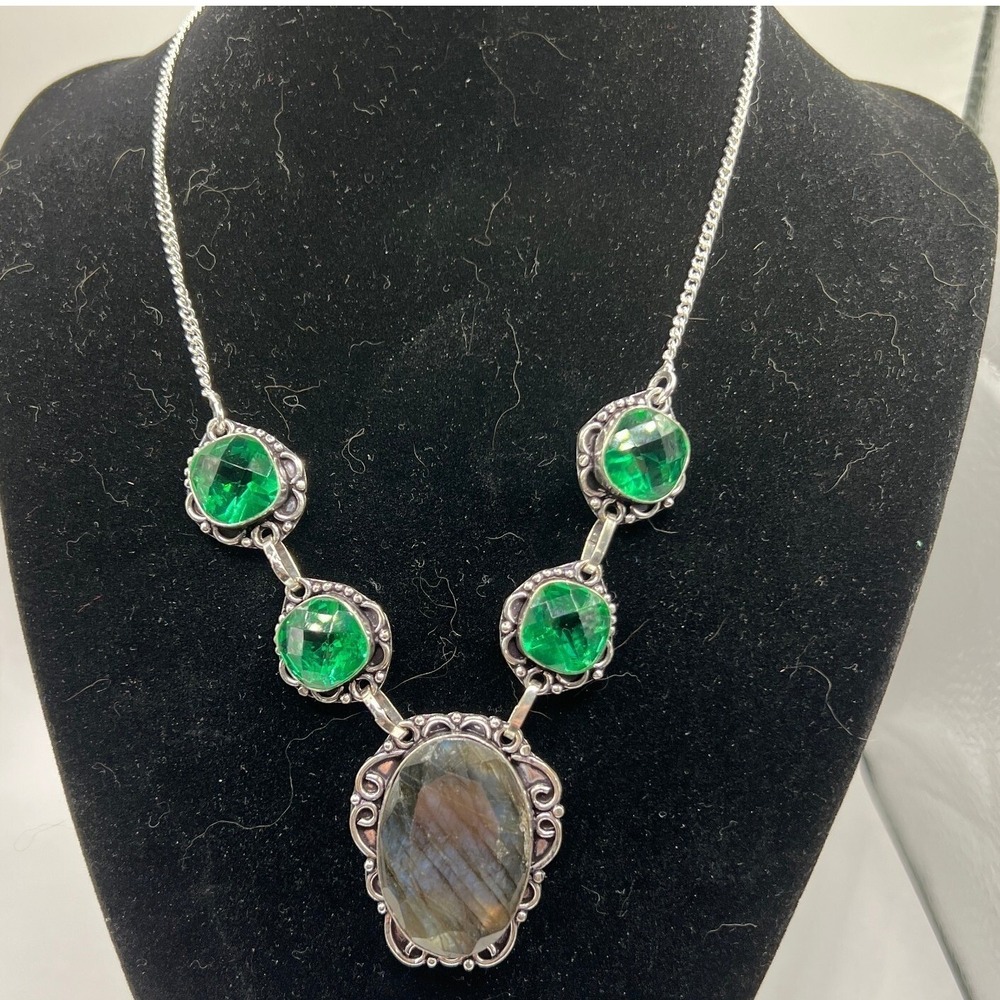 Labradorite Green Quartz Necklace Ethnic Handmade Jewelry Silver Tone Choker
